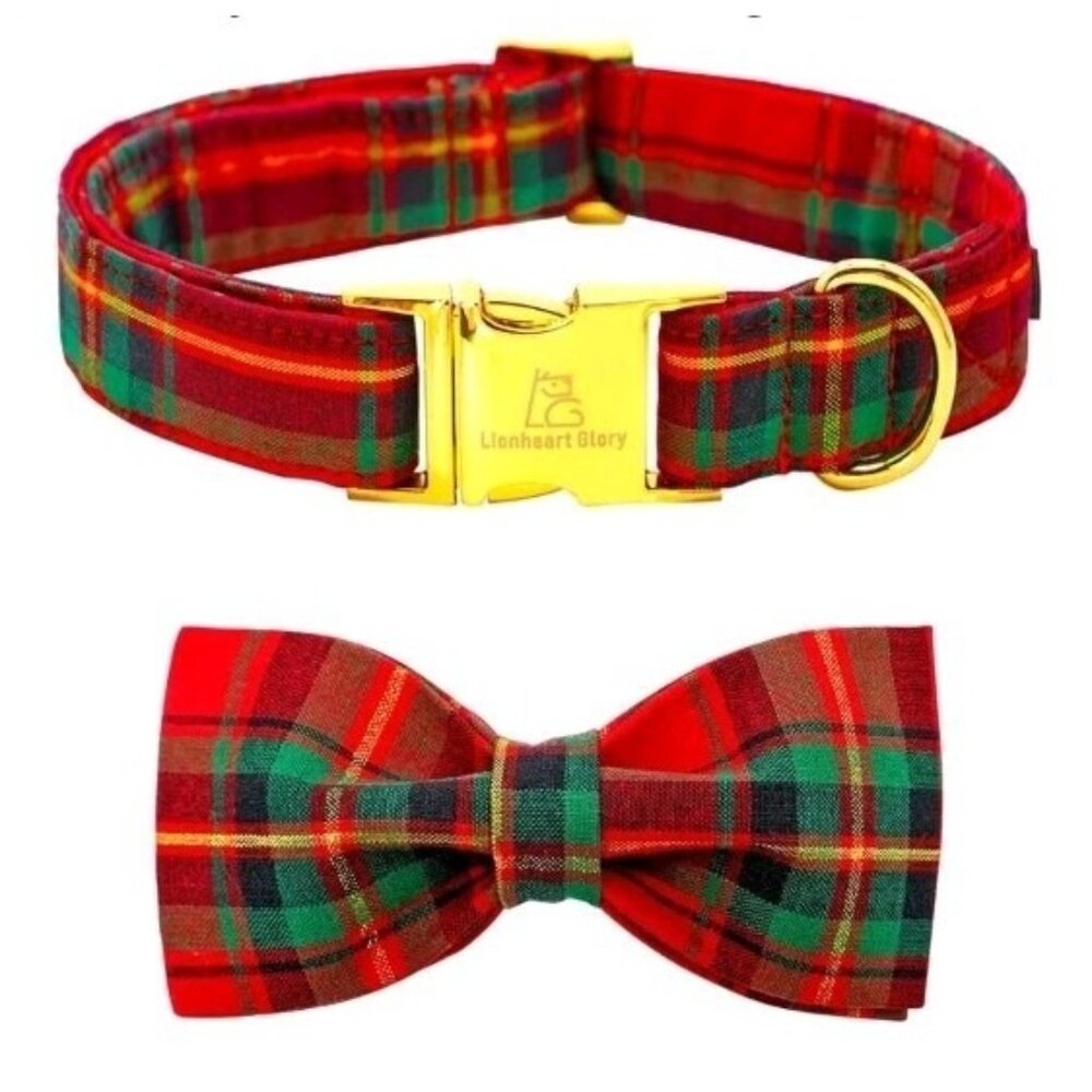 Lionheart glory Christmas Plaid Dog Collar, Dog Bow Collar Adjustable Small
